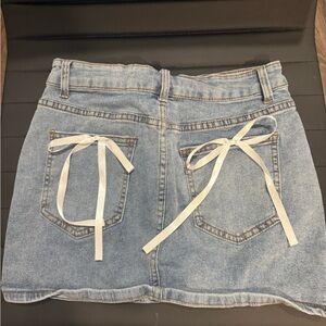 SHEIN Blue Denim Mini Skirt with White Bows